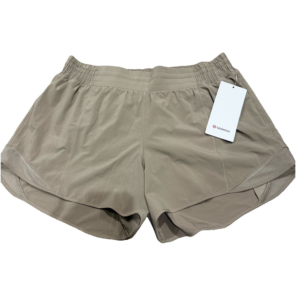 Lululemon Hotty Hot high-rise lined running shorts in tan beige for women, size 14, with a 4-inch inseam and comfortable fit.