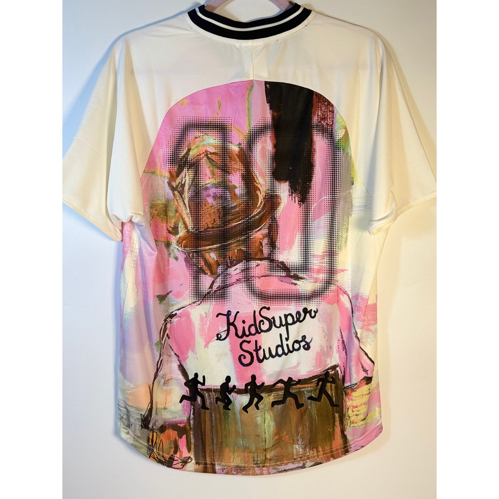PUMA x KidSuper soccer jersey T-shirt in warm white with graphic design, men's size S, new with tags.