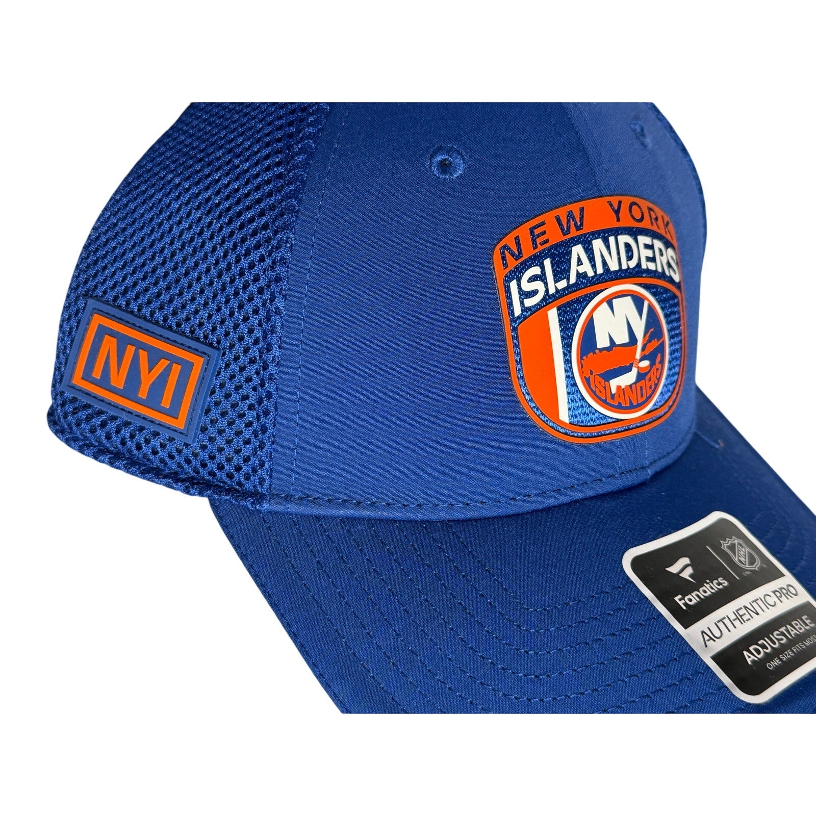 Fanatics New York Islanders authentic blue pro adjustable mesh hat with team logo on front.
