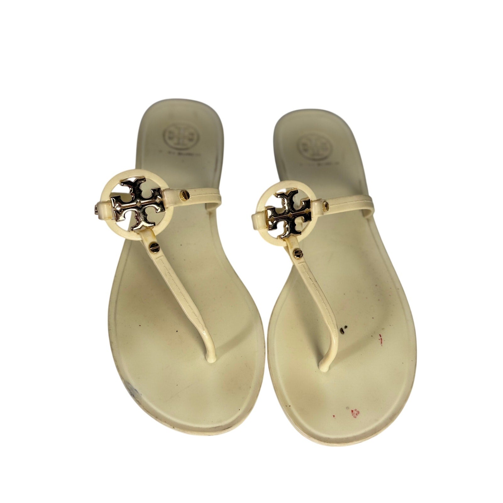 Tory Burch Miller Jelly Sandals for women, US 8, ivory cream with gold logo, flip flops with transparent and gold accents
