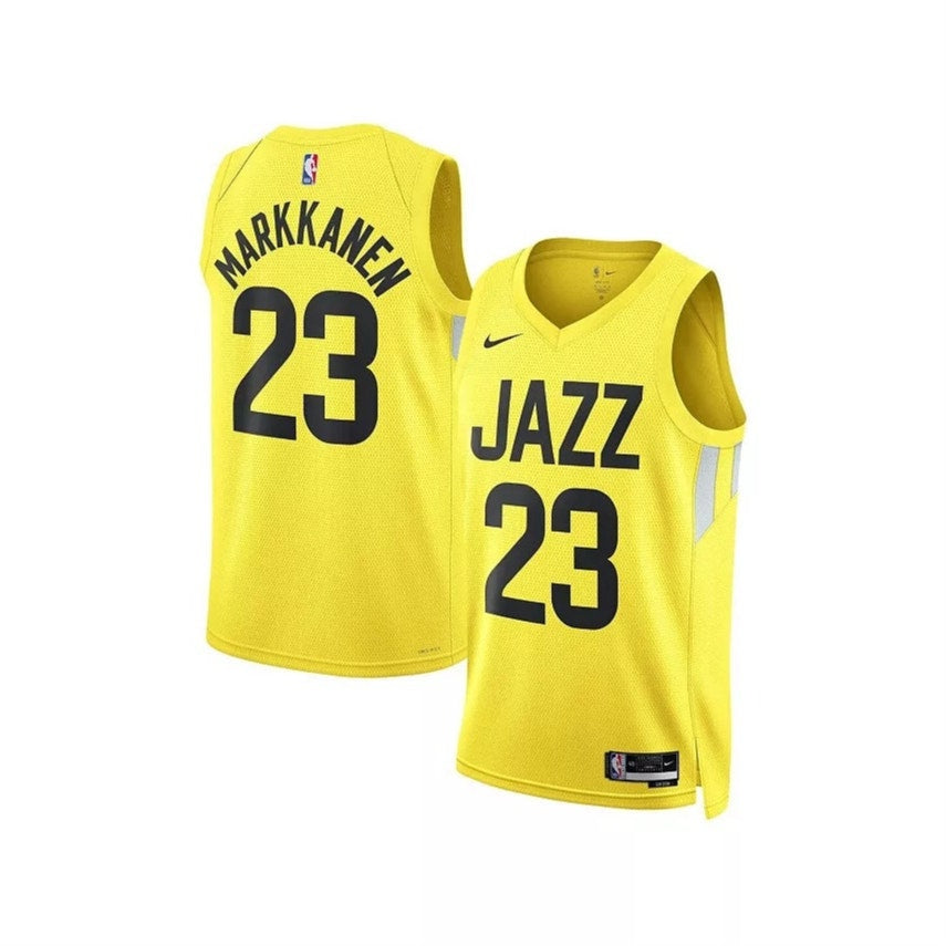 Nike Lauri Markkanen Utah Jazz yellow swingman jersey, large size, featuring team logo and player name on the front.