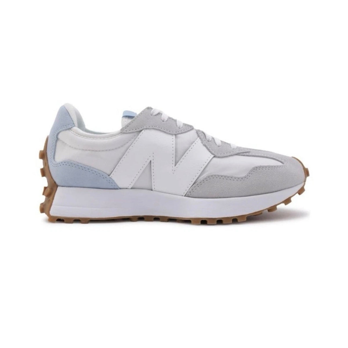 New Balance 327 sneakers in reflection bright grey for women size 9 and men size 7.5, showcasing stylish design and comfortable fit.