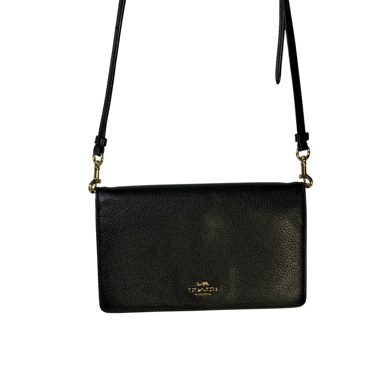 Coach women's black leather foldover crossbody wallet bag with adjustable strap, featuring sleek design and compact style.