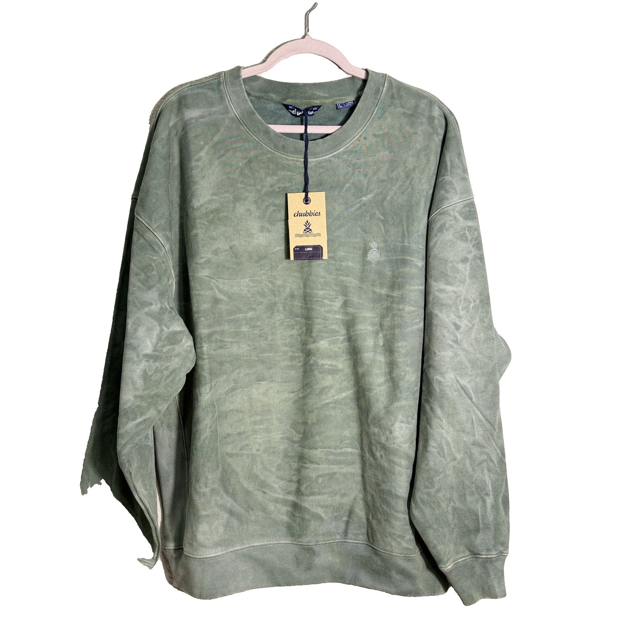 Men's green Chubbies Marshland Pebble Wash Comfort Crewneck sweatshirt, front view showing soft fabric and casual fit.