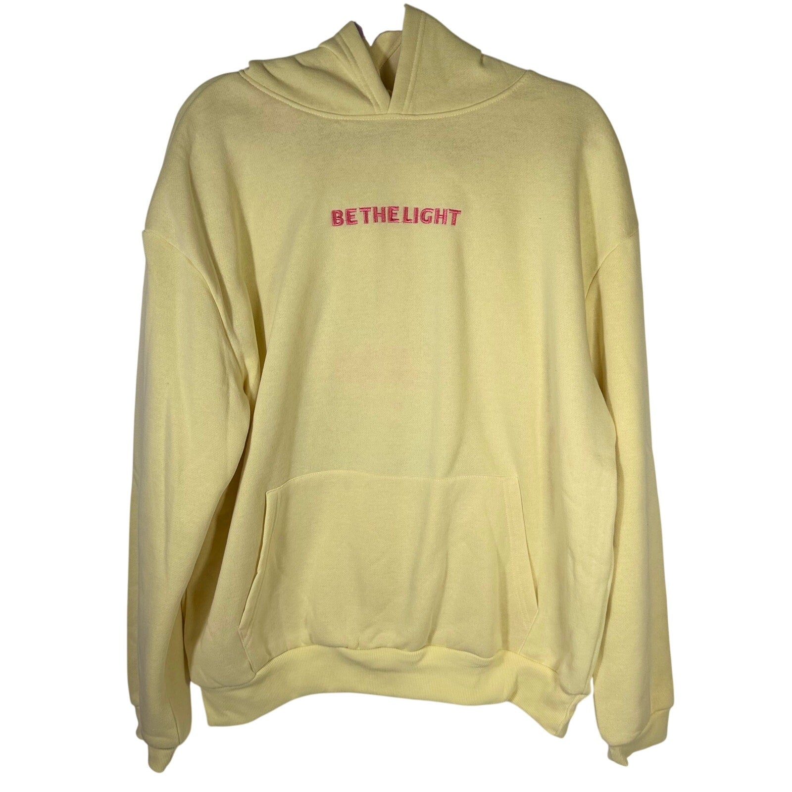 Faded Rose Be The Light Christian hoodie in yellow with Bible verse design, size large, casual and comfortable apparel.