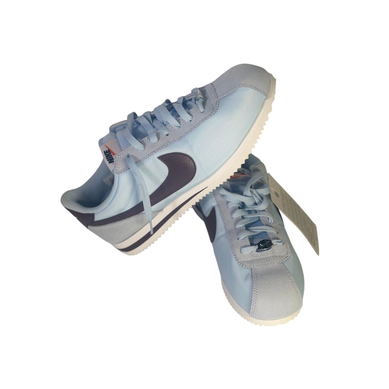 Nike Classic Cortez nylon men's sneakers in light blue and burgundy, size 8.5, featuring a sleek, retro athletic design.