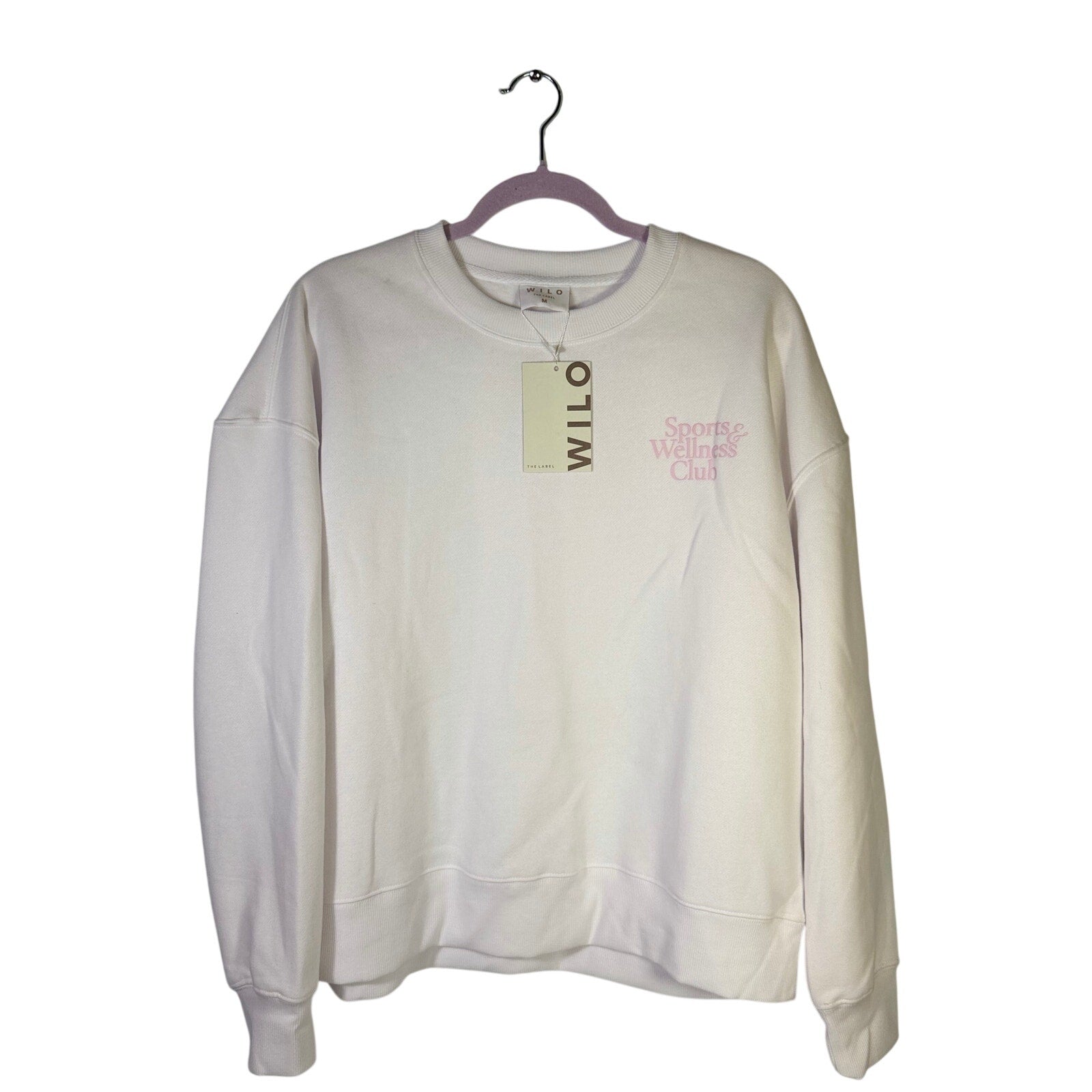 WILO The Label white and pink sports and wellness crewneck sweatshirt, medium size, stylish and comfortable for active wear.