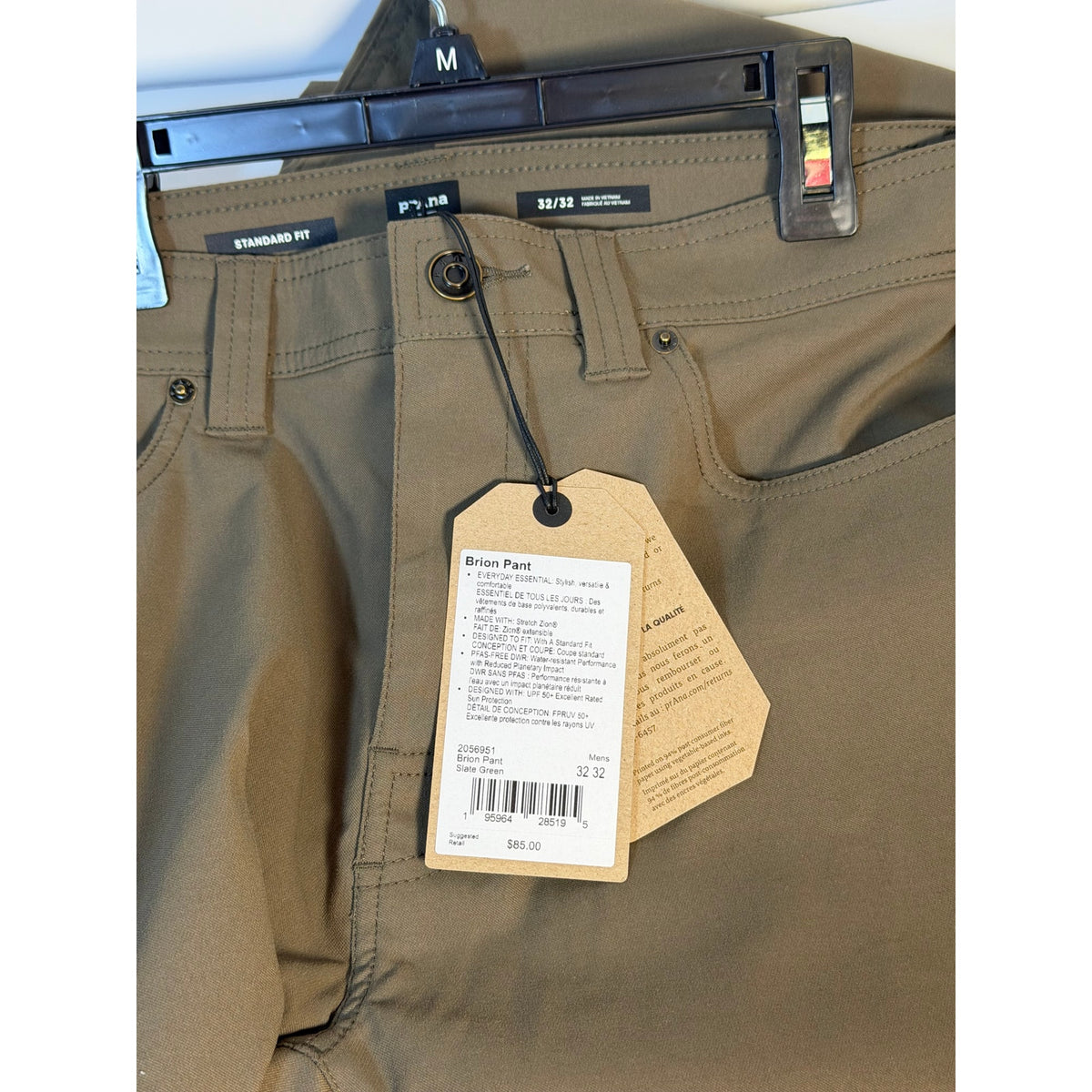 prAna Brion Pants in slate green, men's standard fit stretch pants, size 32x32, new with tags, casual outdoor style.