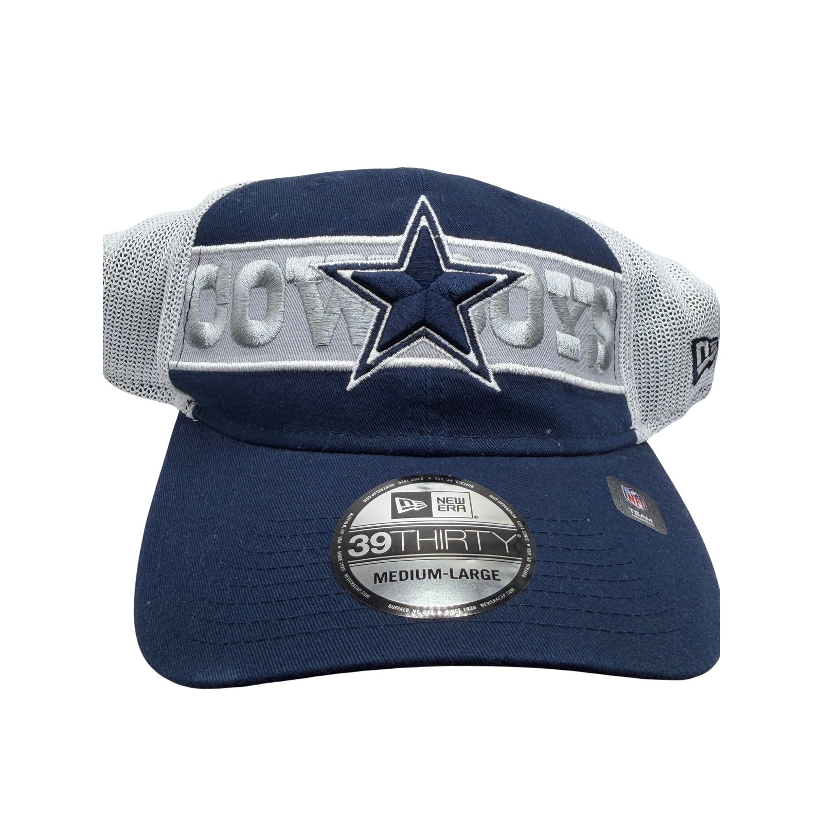 New Era Dallas Cowboys 39THIRTY mesh hat in navy and white with curved brim and NFL team logo on front.