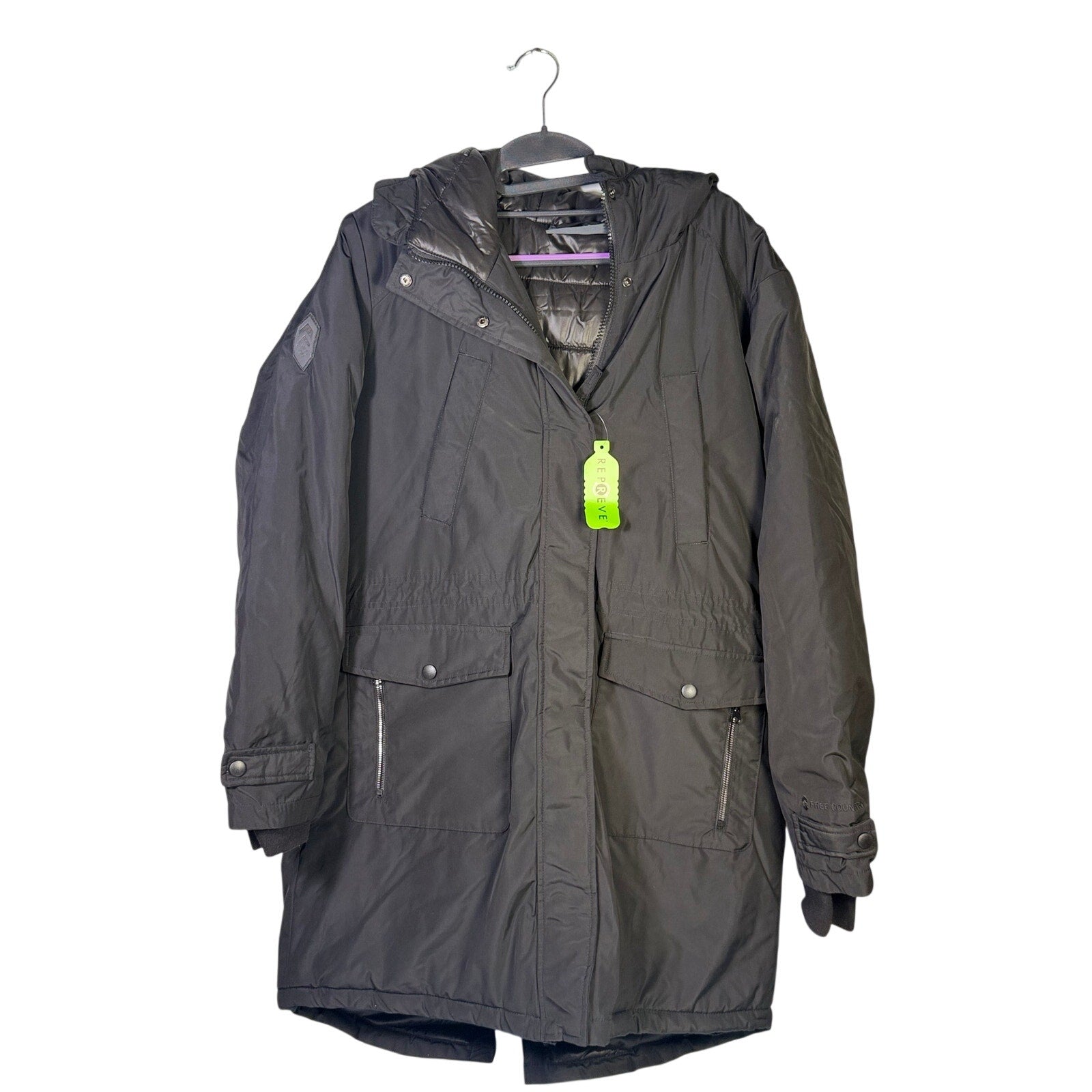 Black Free Country Women’s Arctic Series Anorak Jacket with hood, long coat style, featuring a lightweight, insulated design.