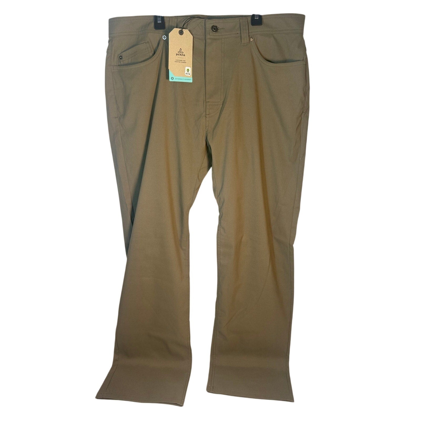 Men's prAna Brion Pants in 36x32 slate green stretch fabric, shown flat with waistband and pant legs visible.