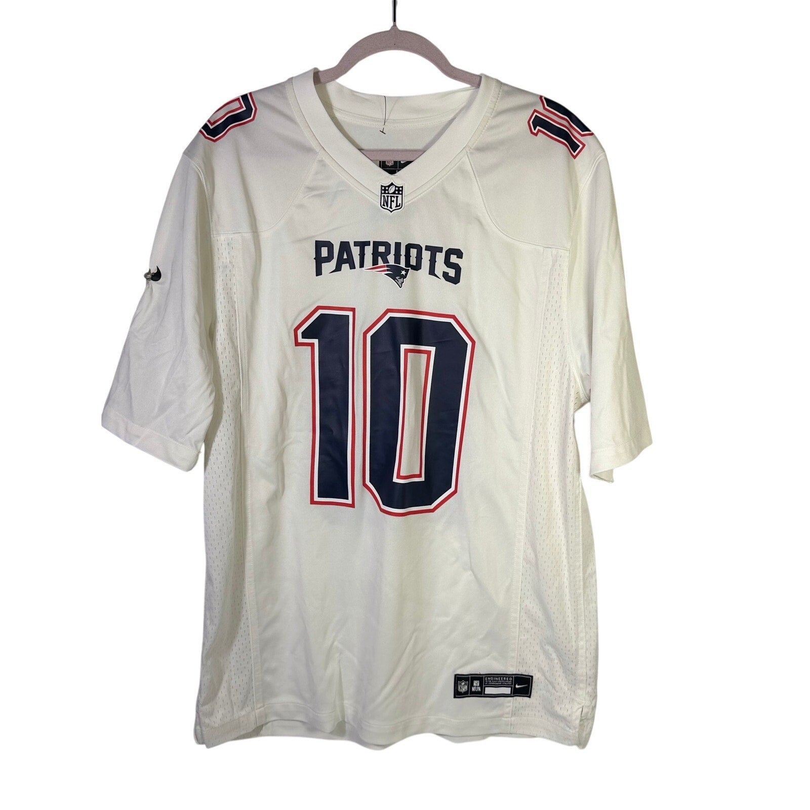 Nike NFL New England Patriots Drake Maye #10 white jersey for men, large size, featuring team logo and player number.