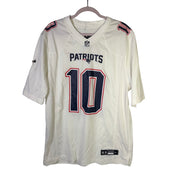 Nike NFL New England Patriots Drake Maye #10 white jersey for men, large size, featuring team logo and player number.