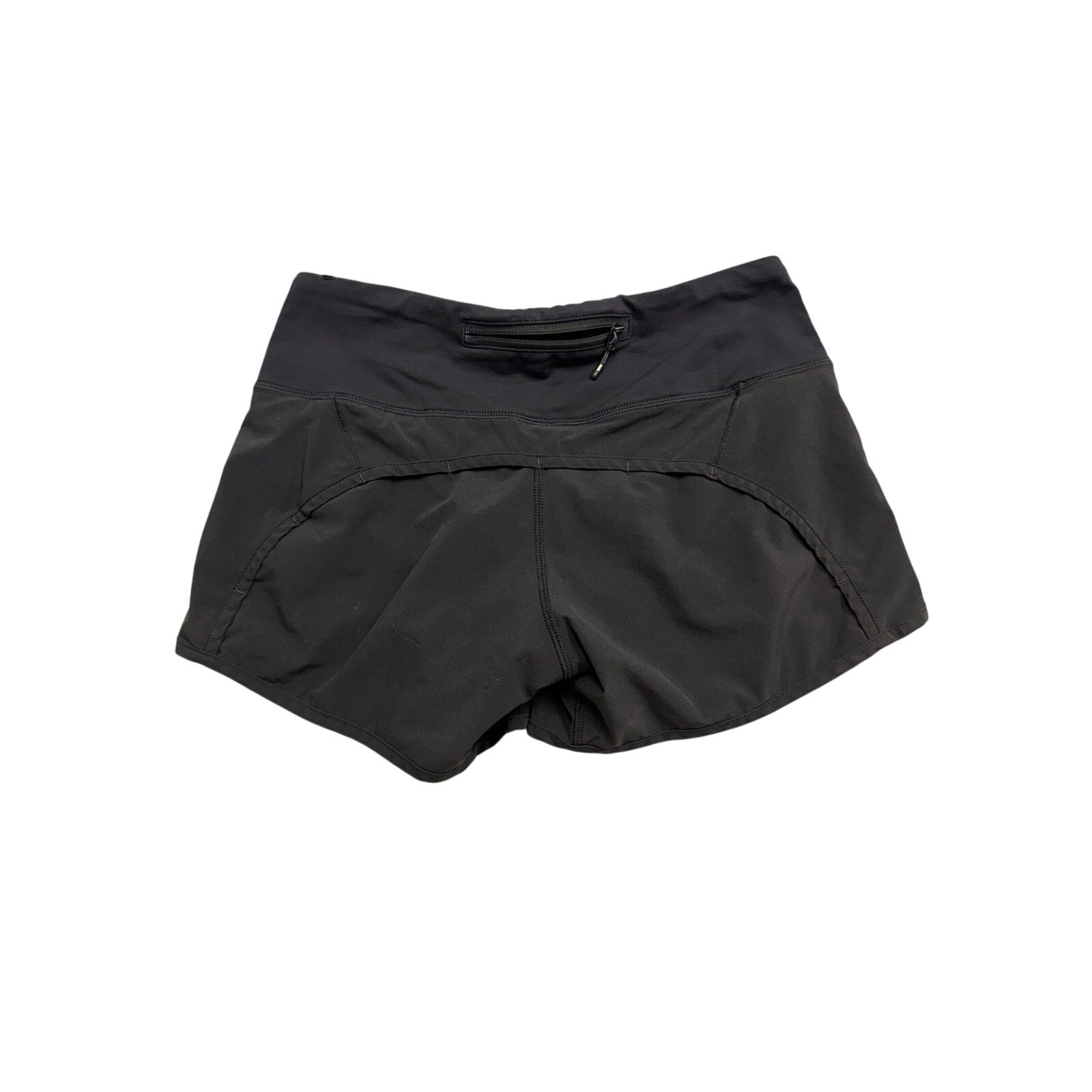 Alyssa women's black athletic running shorts with zip back pocket, size 2, featuring a fitted design and comfortable waistband.