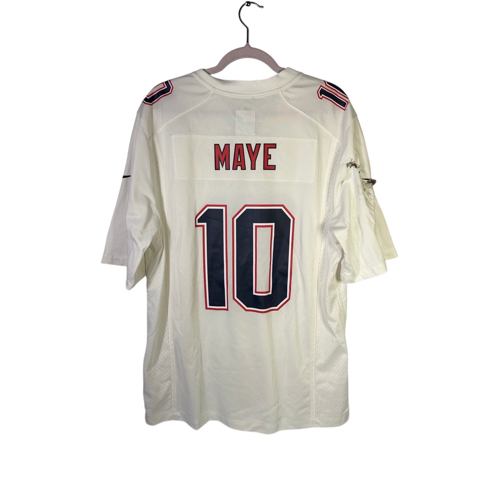 Nike NFL New England Patriots Drake Maye #10 white jersey for men, large size, featuring team logo and player's name.