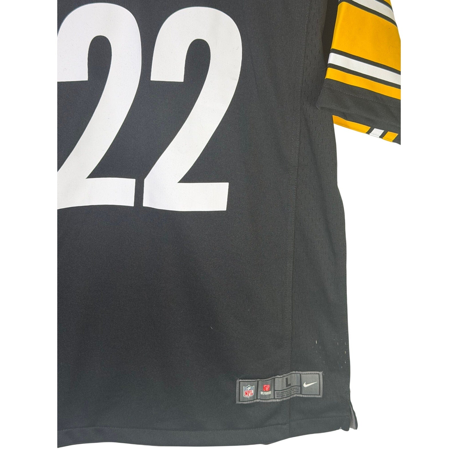 Nike Pittsburgh Steelers youth NFL game jersey, #22 in black, size L (14/16) with team logo and player number.