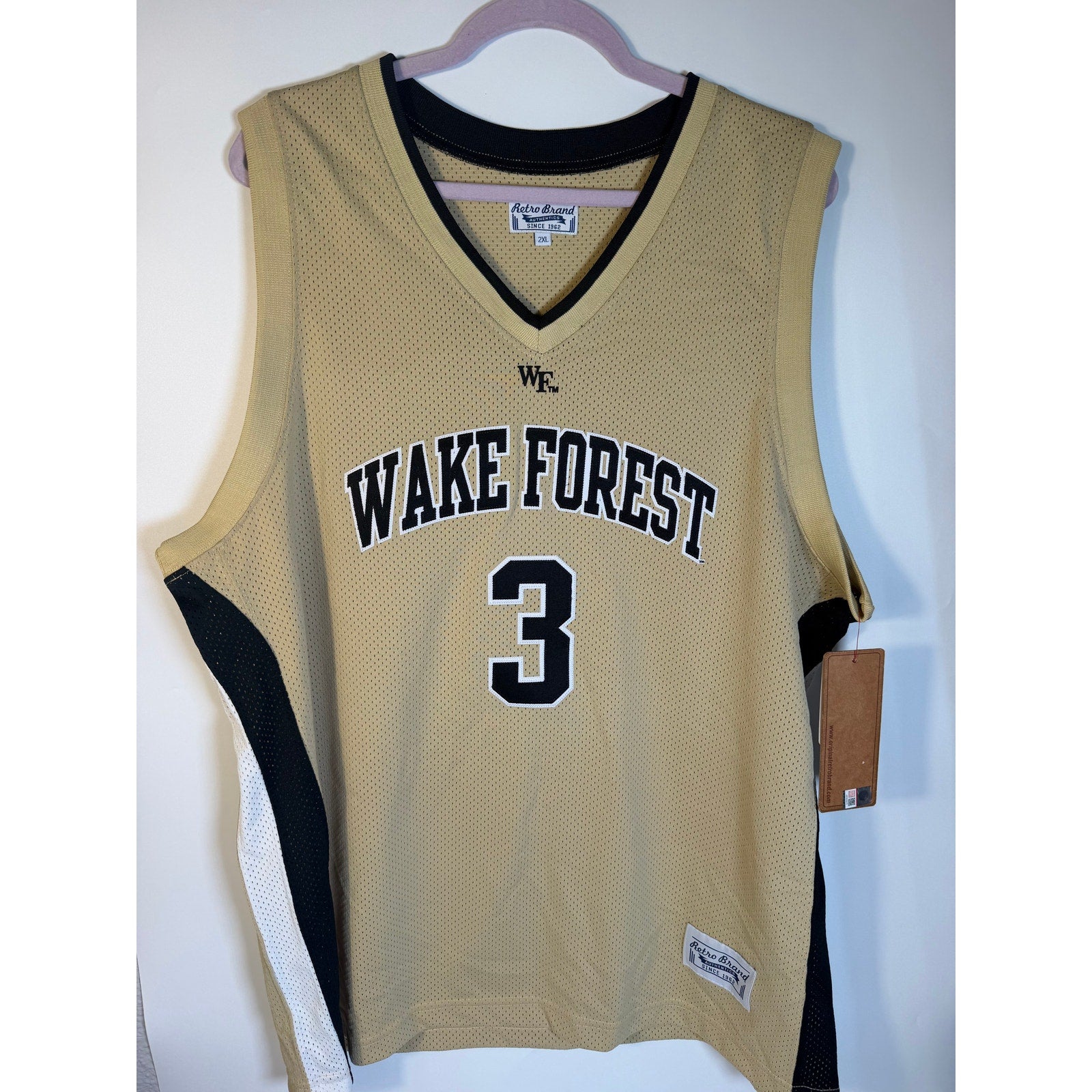 Retro Brand Wake Forest #3 basketball jersey in Vegas Gold for men, size 2XL, new with tags, displayed flat.