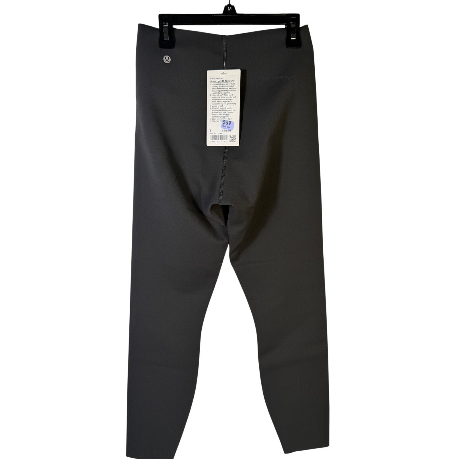 Lululemon Glow Up high-rise leggings in graphite grey, size 8, 25-inch length, new with tags, close-up of fabric and fit.
