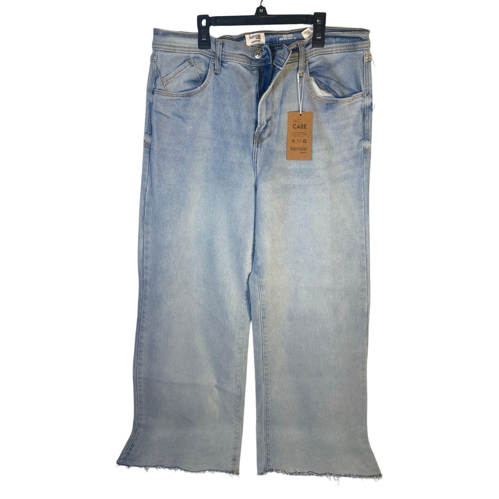 Kensie Kayla high-rise wide-leg jeans for women, size 14/32, new with tags, shown hanging on a wooden background.