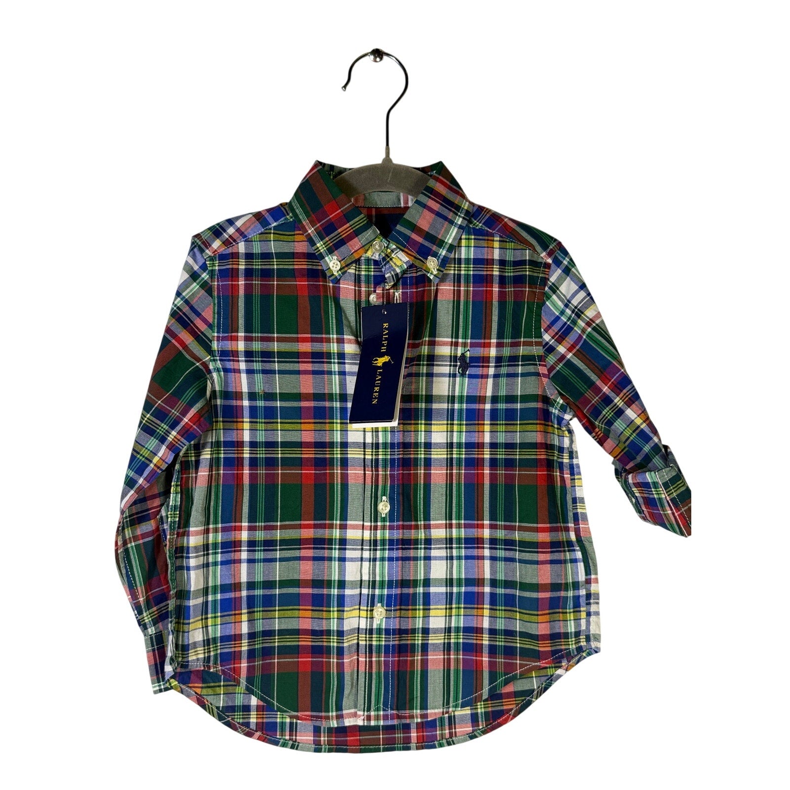Ralph Lauren boys plaid shirt and khaki chino shorts outfit set for 2T, featuring a classic style and comfortable fit.