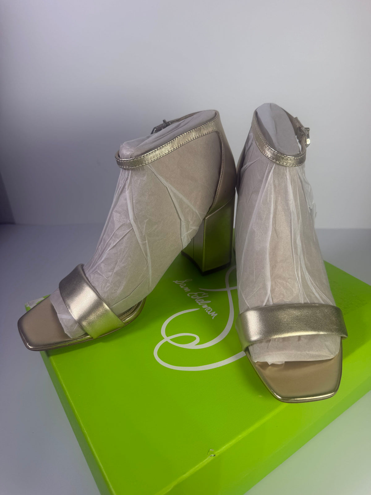 Sam Edelman gold metallic block heel ankle strap sandals for women, size 9.5, with stylish design and open toe.