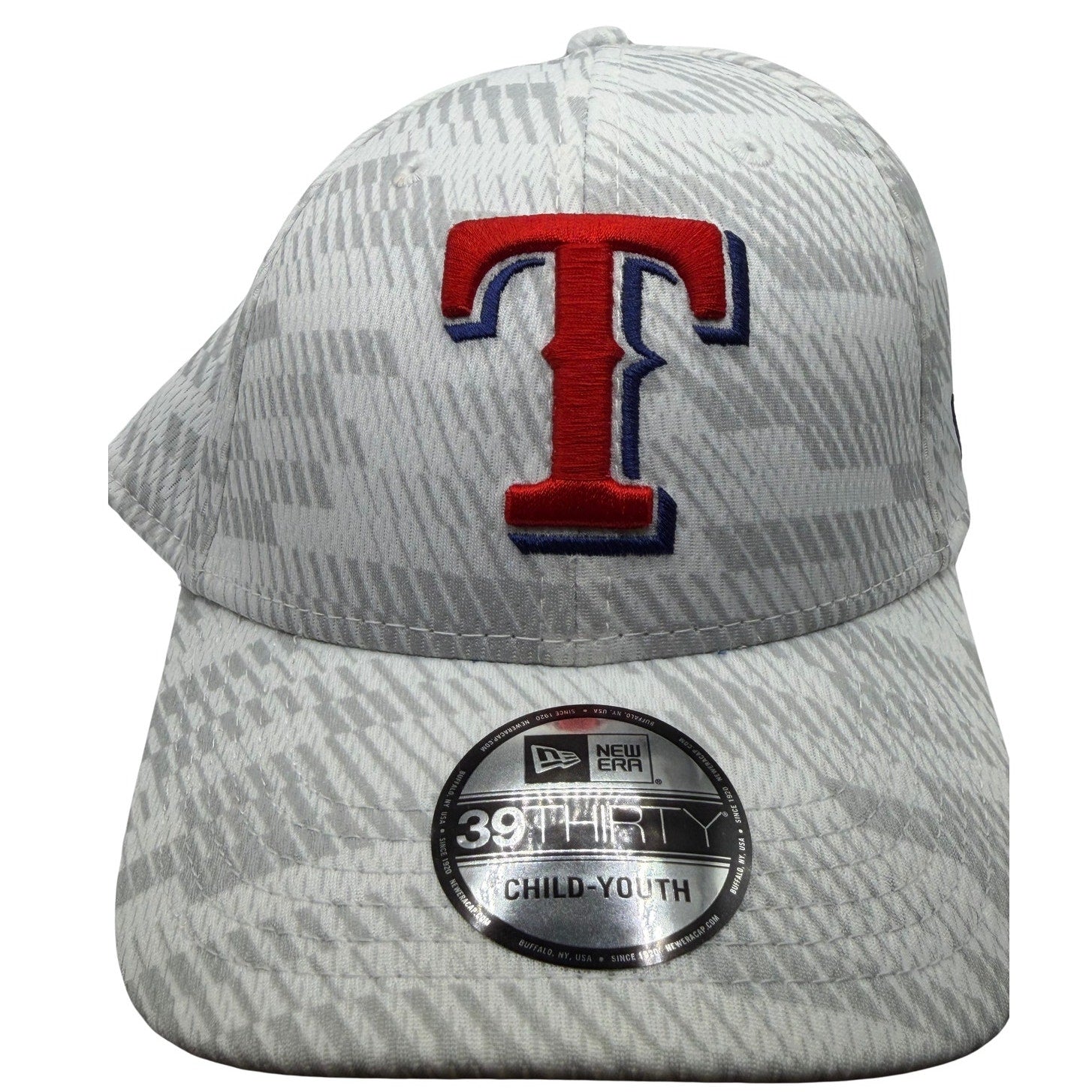 Youth Texas Rangers MLB New Era 39THIRTY stretch fit hat in white and gray, front view with team logo.