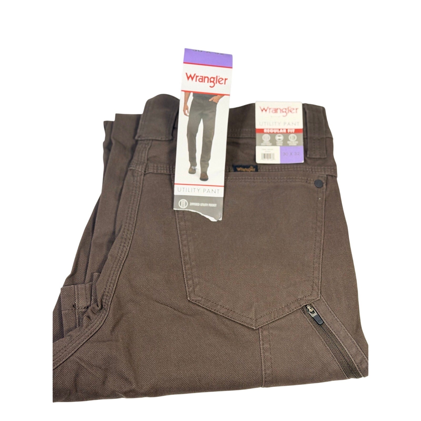 Wrangler men's brown utility work pants in size 30x32, featuring durable fabric and multiple pockets for practical workwear.