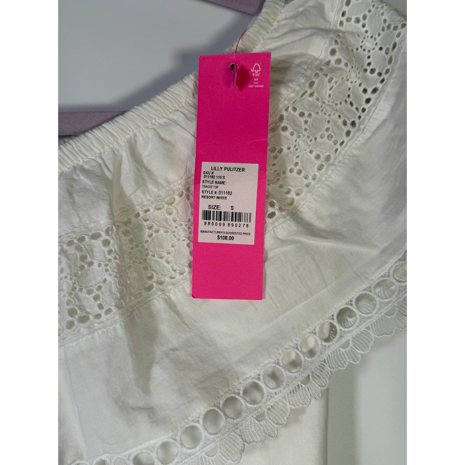 White Lilly Pulitzer Tracee off-shoulder eyelet top for women, small size, with ruffled neckline and eyelet fabric detail.