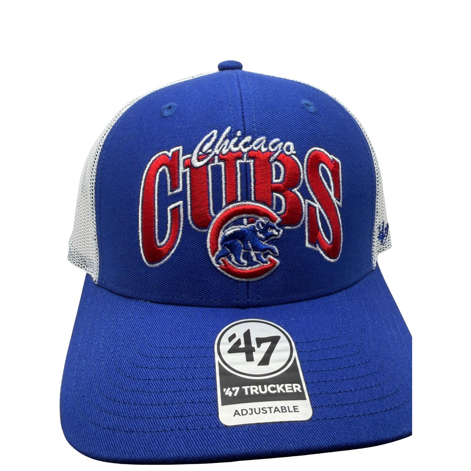 Blue and white Chicago Cubs MLB ’47 Trucker hat with adjustable strap, featuring team logo and classic mesh design.