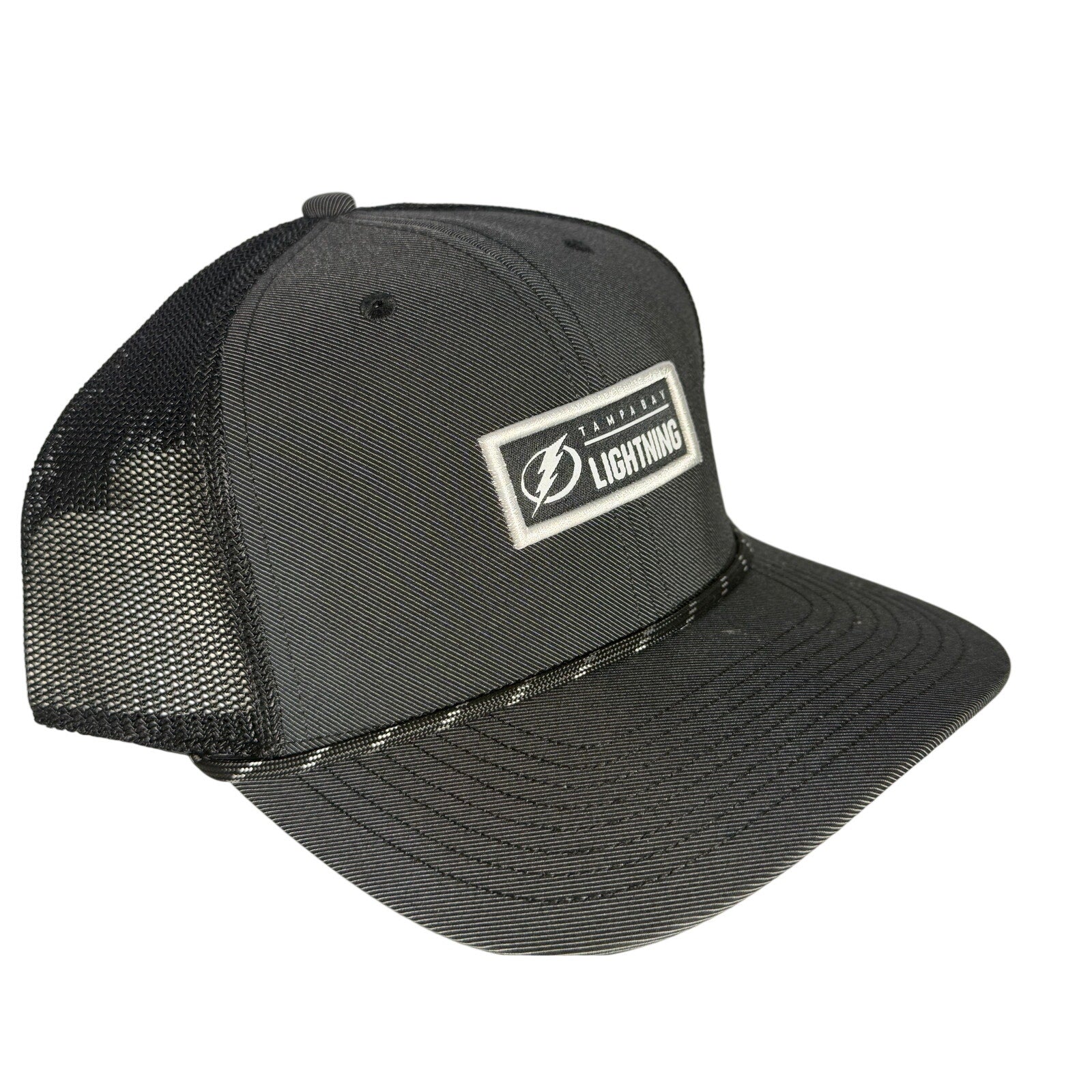 Gray and black 47 Brand Tampa Bay Lightning trucker hat with adjustable snapback, featuring NHL team logo and classic design