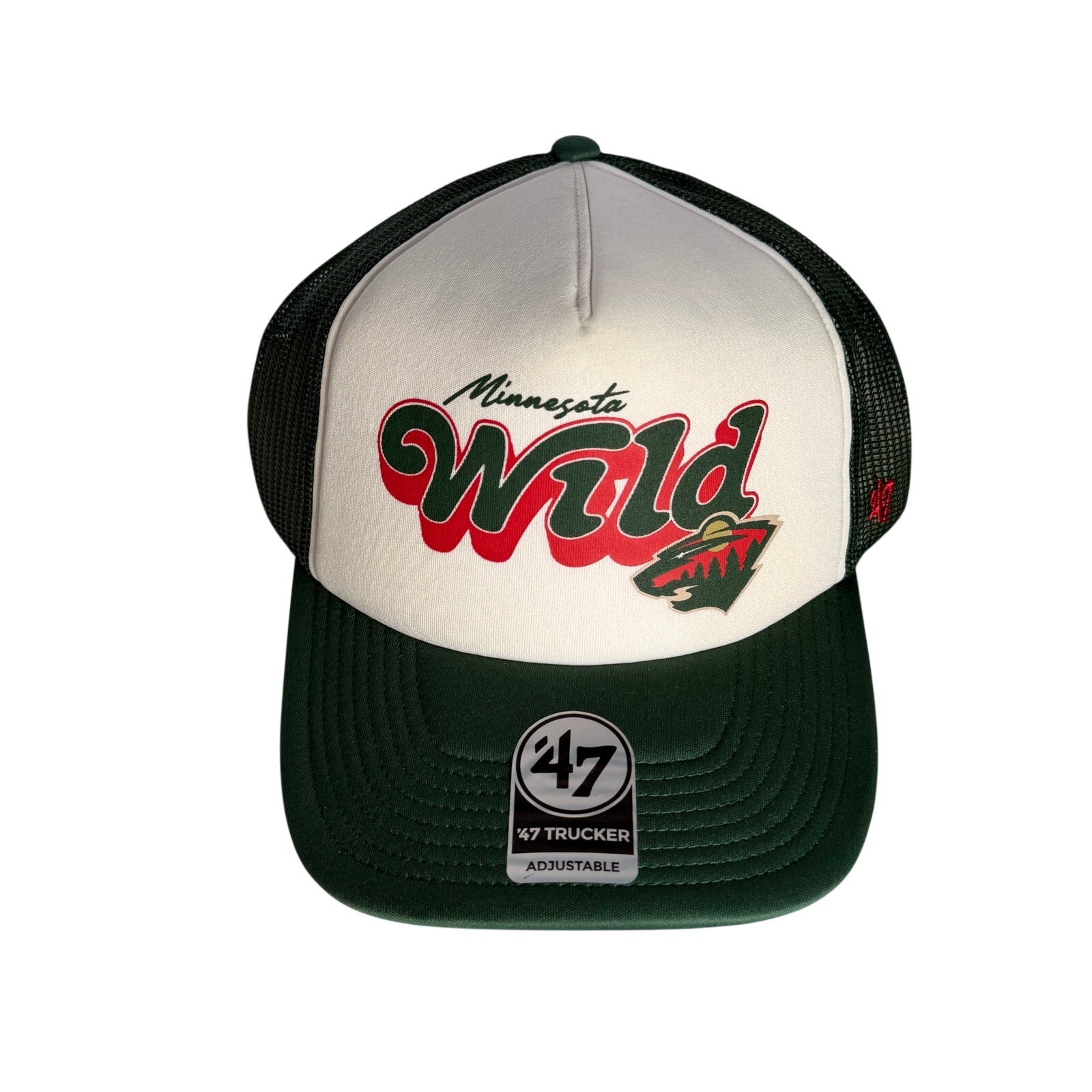 Green and white 47 Brand Minnesota Wild trucker hat with adjustable strap, featuring team logo on front.