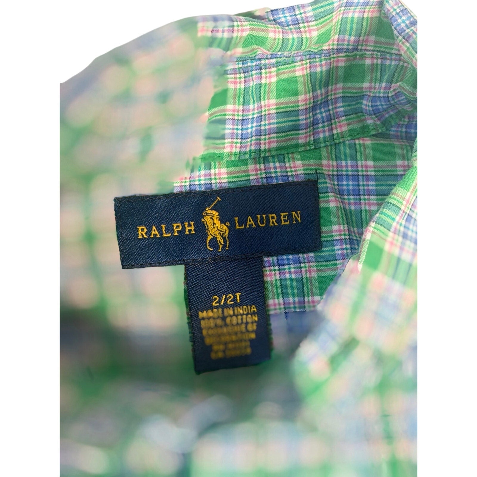 Ralph Lauren toddler boys plaid button-down shirt in green and blue, size 2/2T, with collar and long sleeves.
