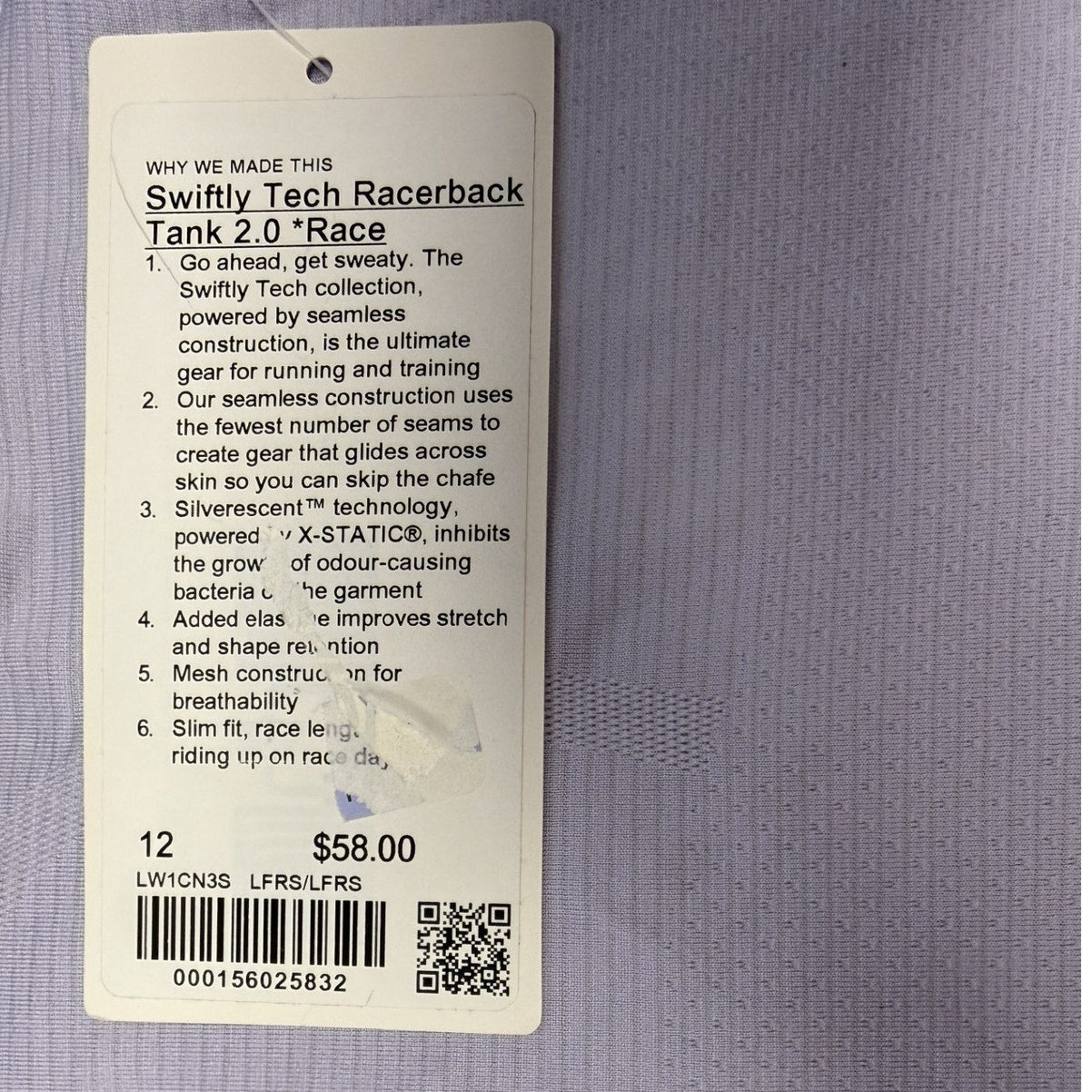Lululemon Athletica Swiftly Tech Racerback Tank Top 2.0 in Lavender Frost for women, showing the fitted athletic top with racerback design.