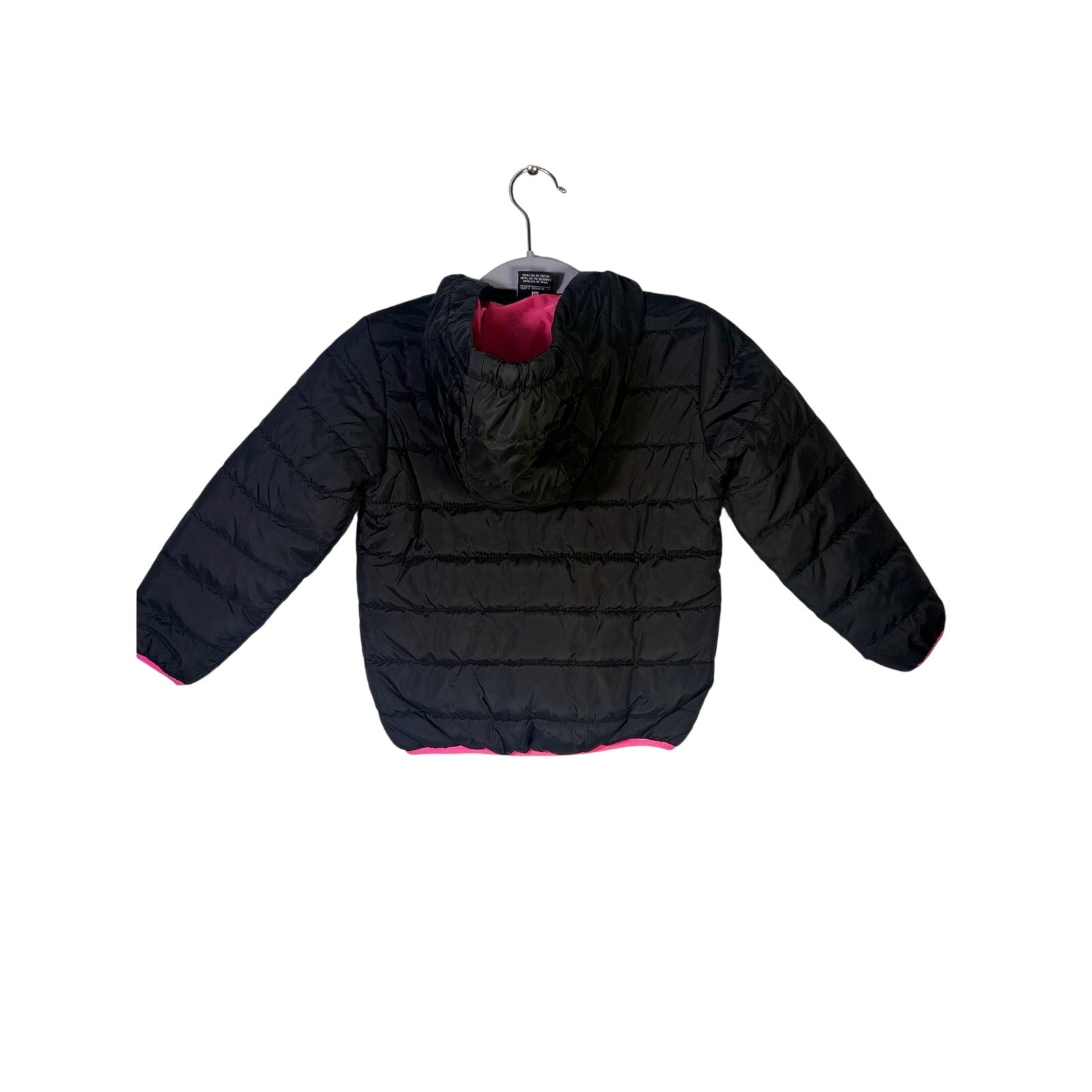 Nike toddler girls' black and pink hooded puffer jacket, size 4T, with quilted design and front zipper.