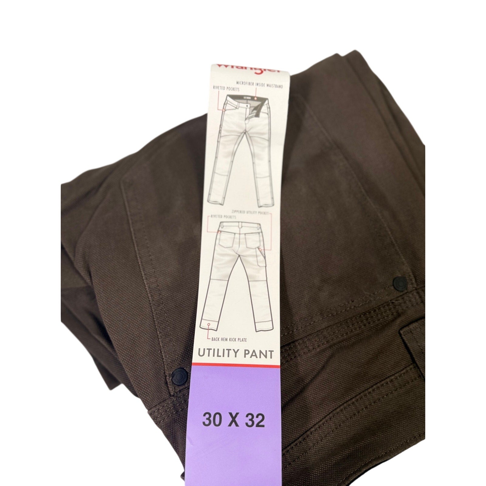 Wrangler men's brown utility work pants in size 30x32, showing front view with multiple pockets and durable fabric.