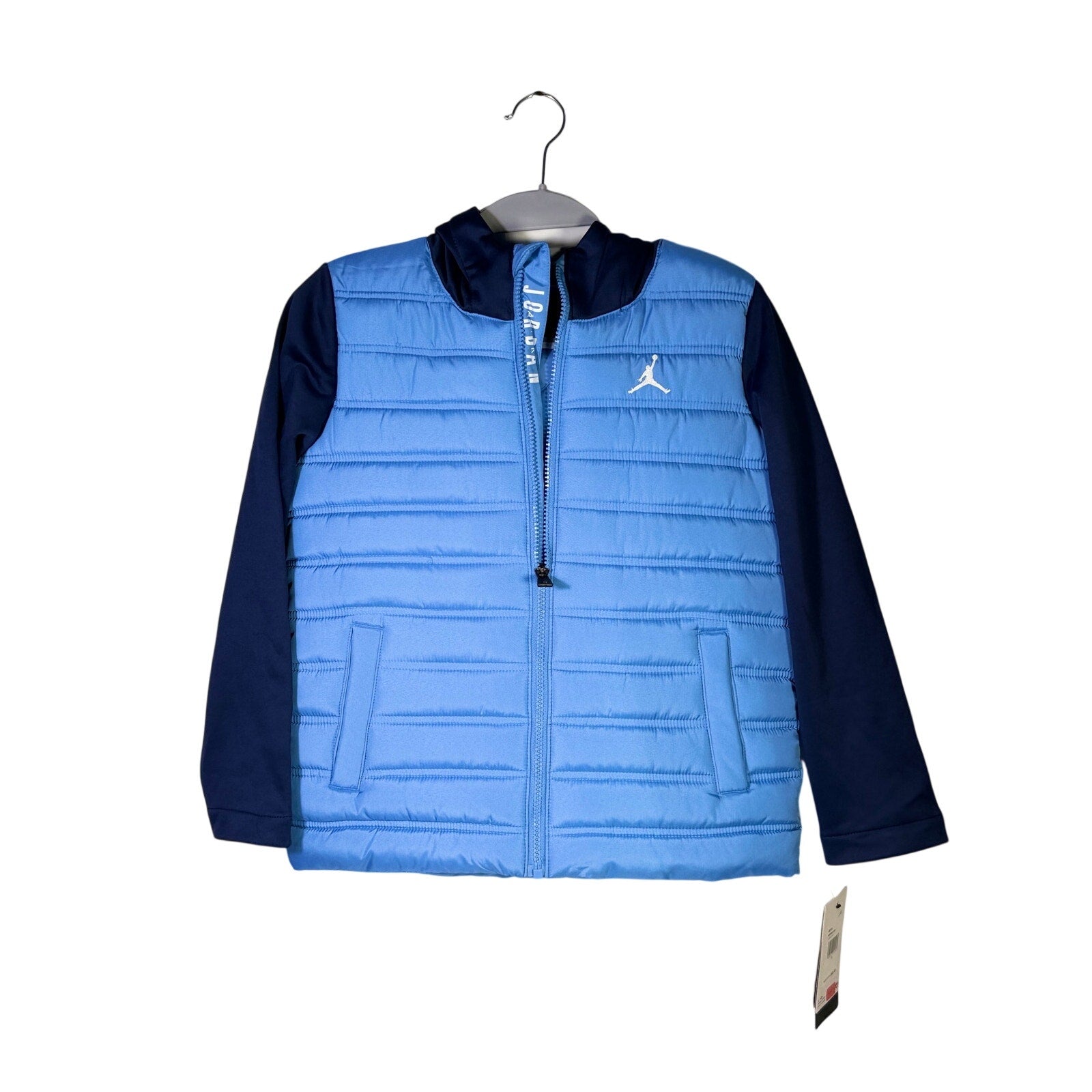 Jordan Boys Legend Blue Hybrid Puffer Jacket in size small, front view showing the blue padded jacket with branding details.