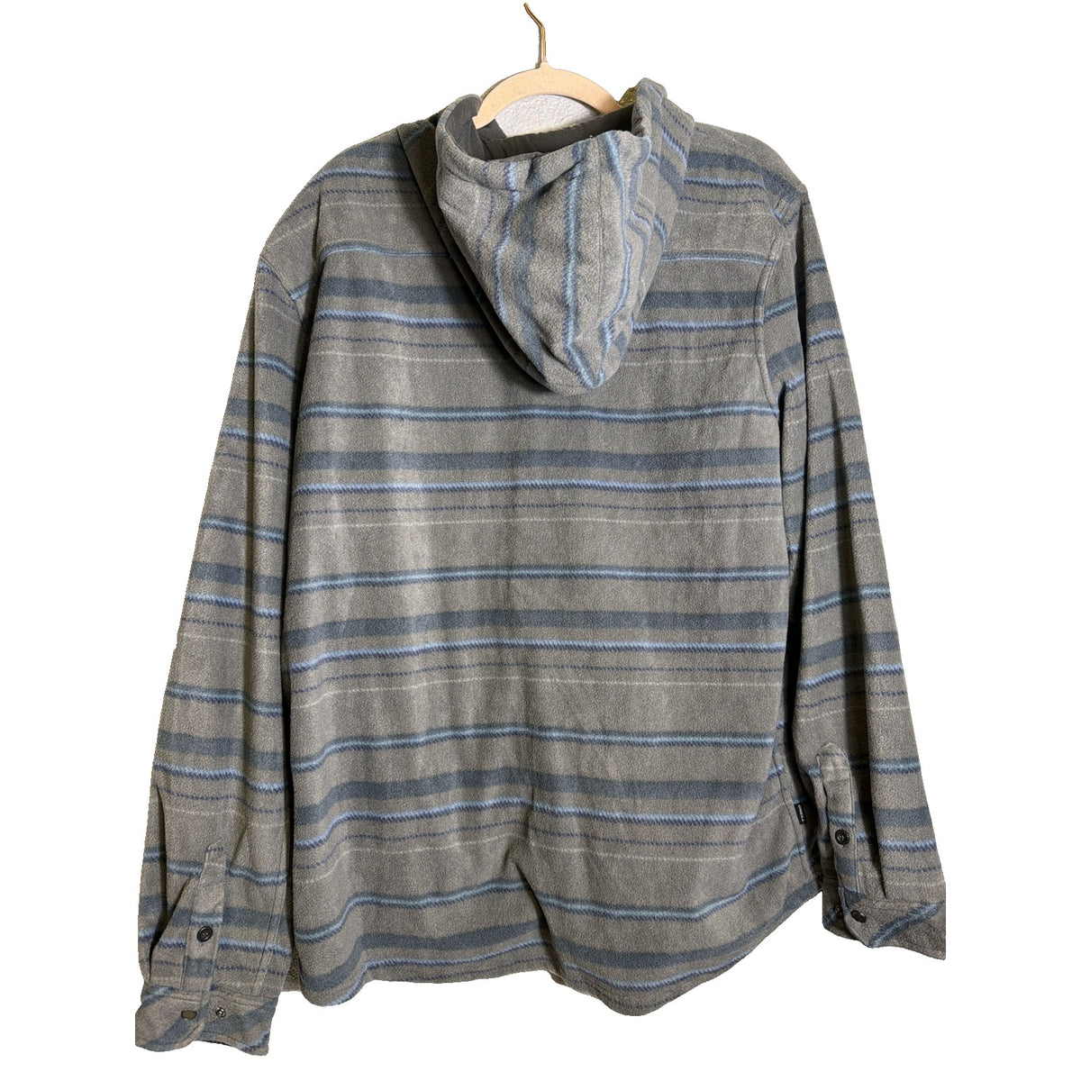 O'Neill Canyons hooded superfleece shirt jacket in gray blue stripe, men's XL, displaying the cozy fleece fabric and stylish design.