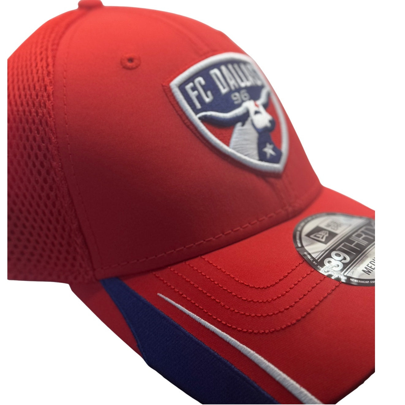 Red New Era FC Dallas 39THIRTY stretch fit hat in medium-large size, featuring MLS team logo and curved brim.
