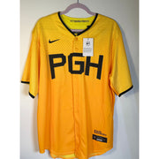 Nike Pittsburgh Pirates City Connect MLB jersey for men, large size, featuring gold fabric and team logo on front.