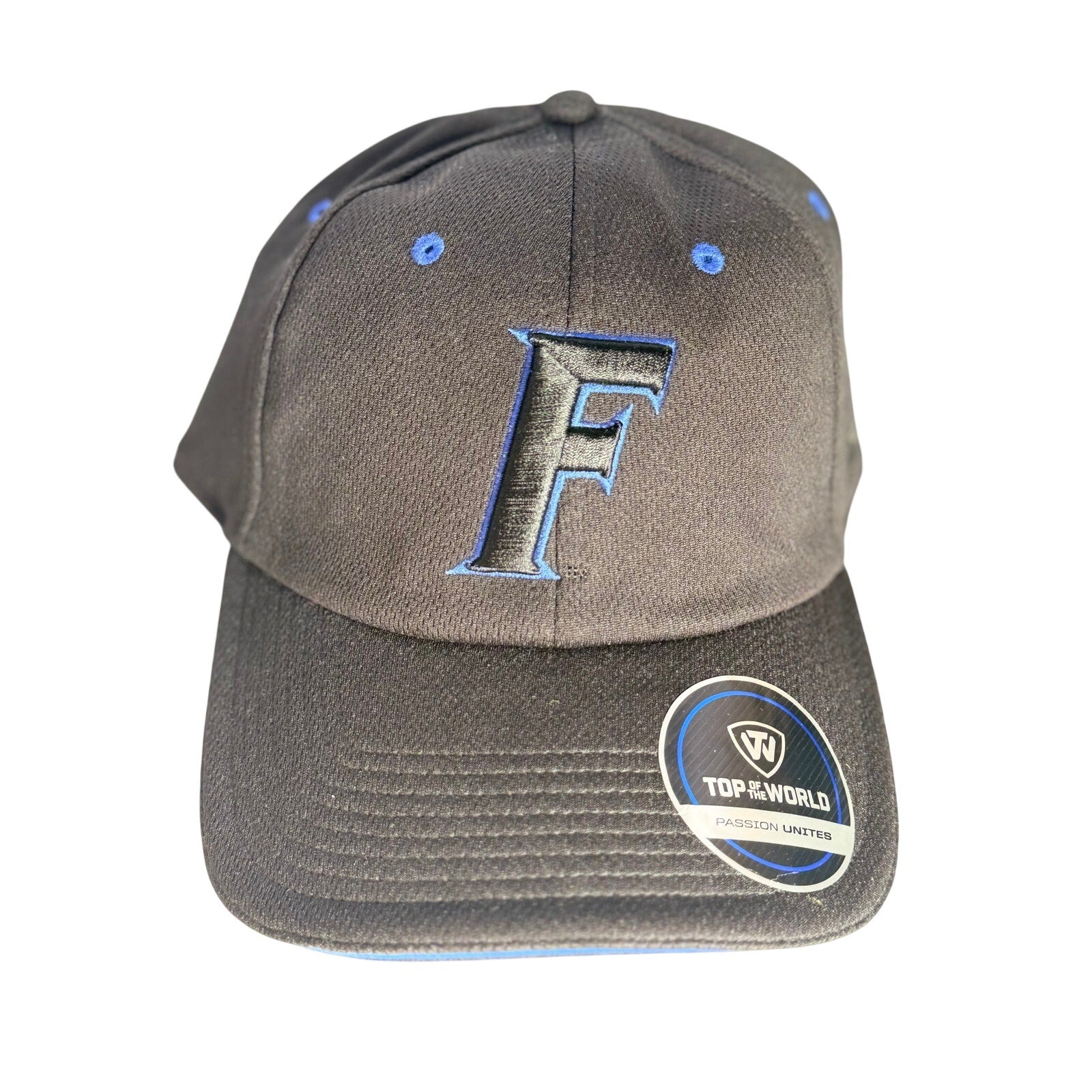Black and blue Top of the World Florida Gators adjustable NCAA hat with embroidered team logo on the front.