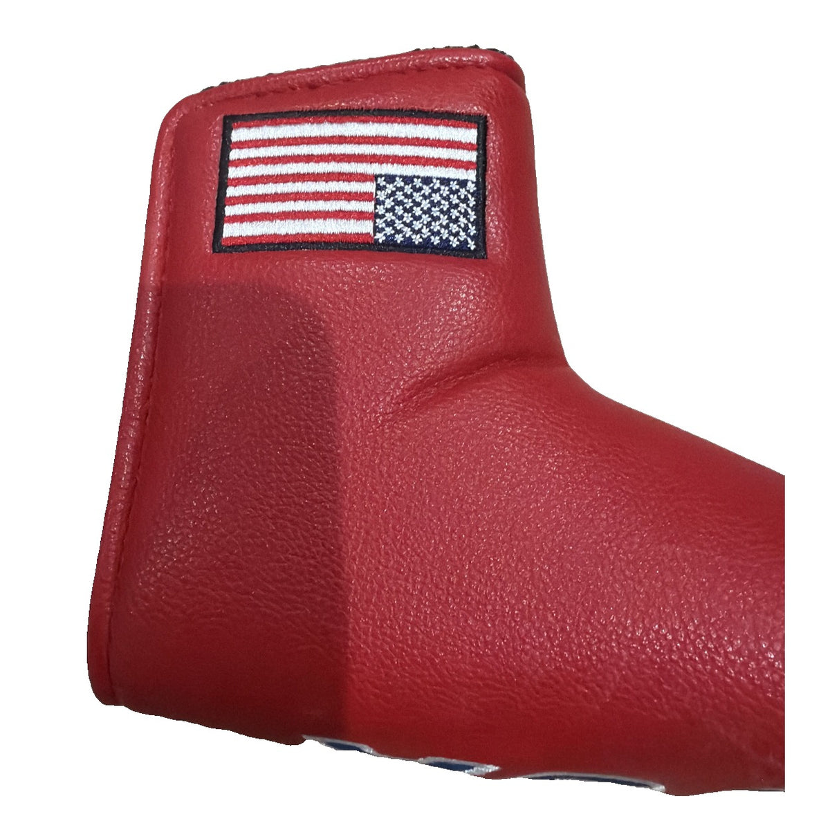 Red faux leather USA American flag blade putter headcover, unbranded golf accessory with patriotic design.