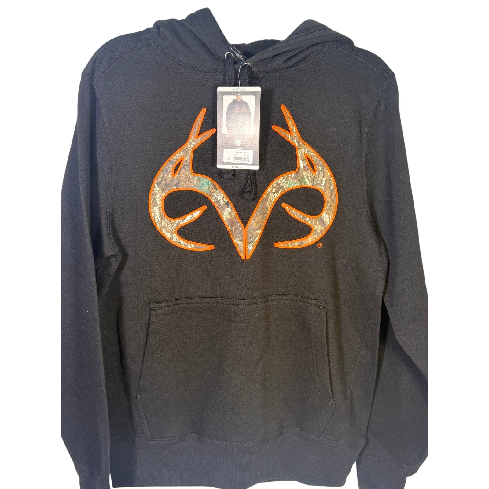 Realtree men's camo hoodie with antler logo in black and orange, size small, front view showing the pullover design.