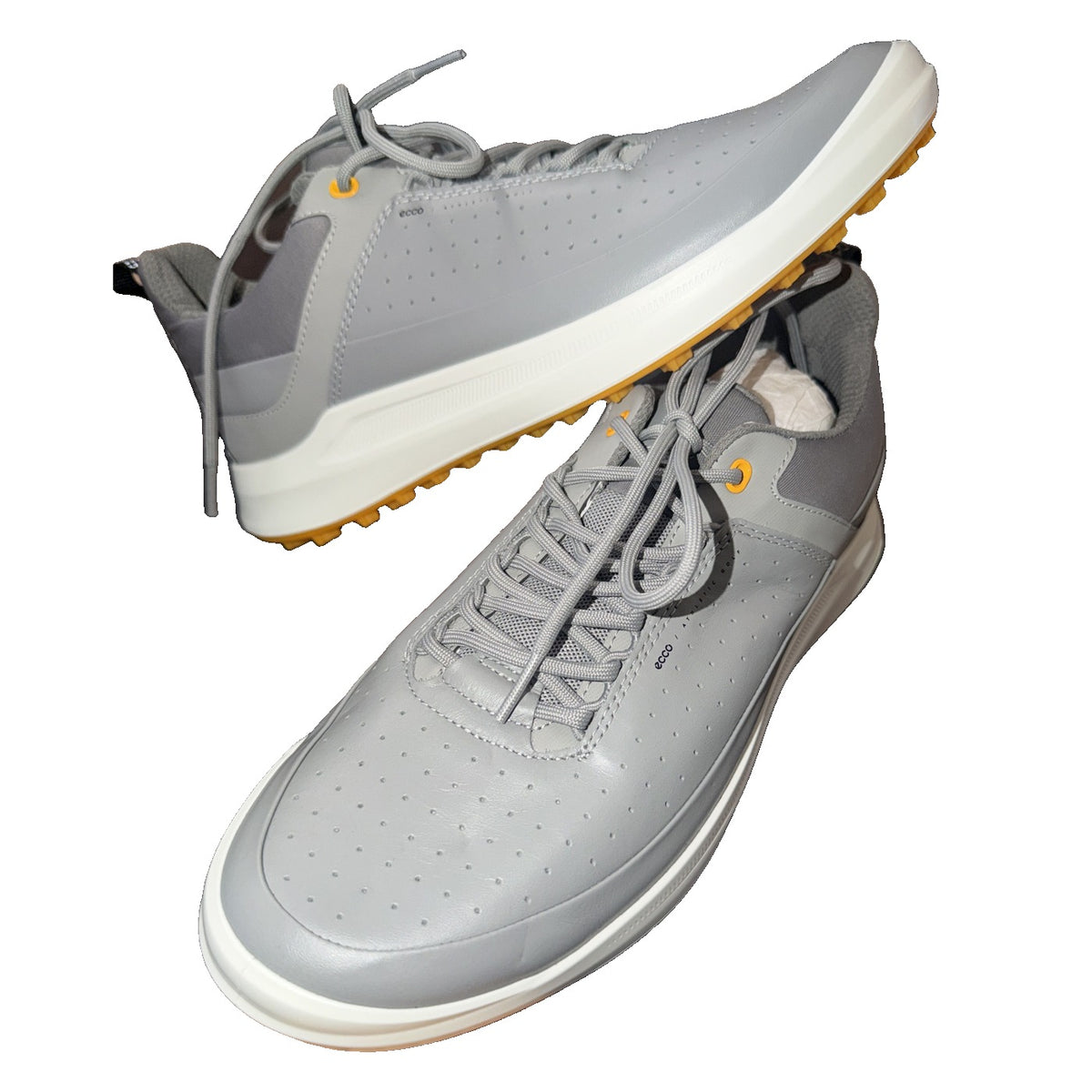 ECCO men's grey leather golf shoes with spikeless soles, size 8-8.5, shown from a side angle.