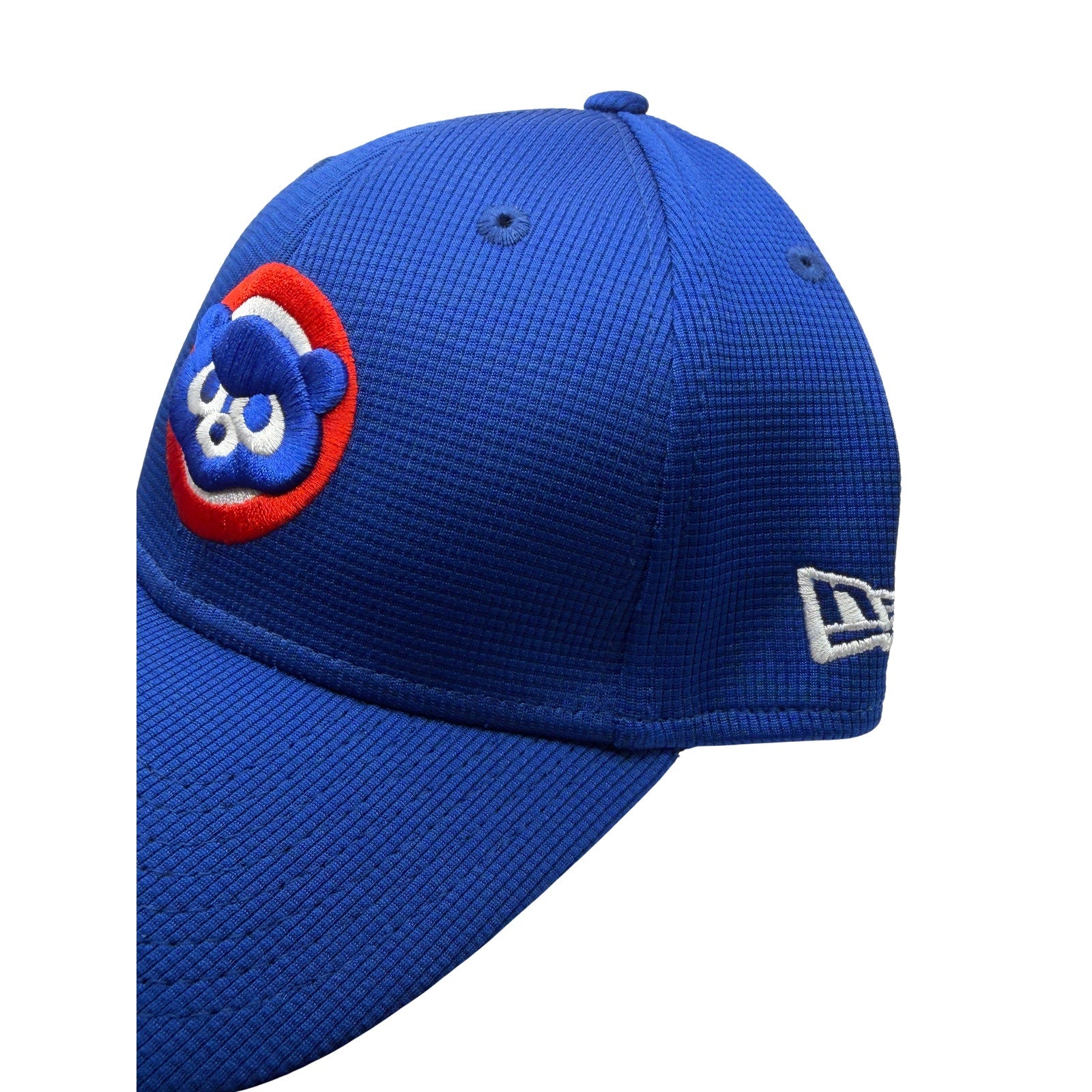 Chicago Cubs MLB New Era royal blue 39THIRTY stretch fit hat, front view showing team logo and curved brim.
