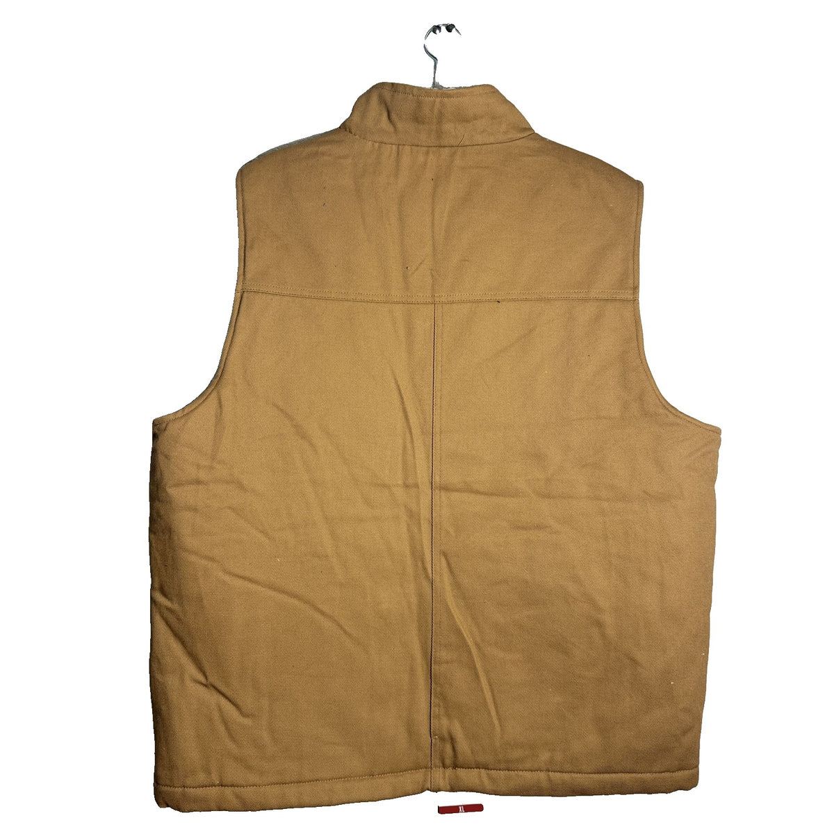 Weatherproof men's tan Sherpa-lined canvas work vest, XL size, showing durable fabric and warm interior lining.