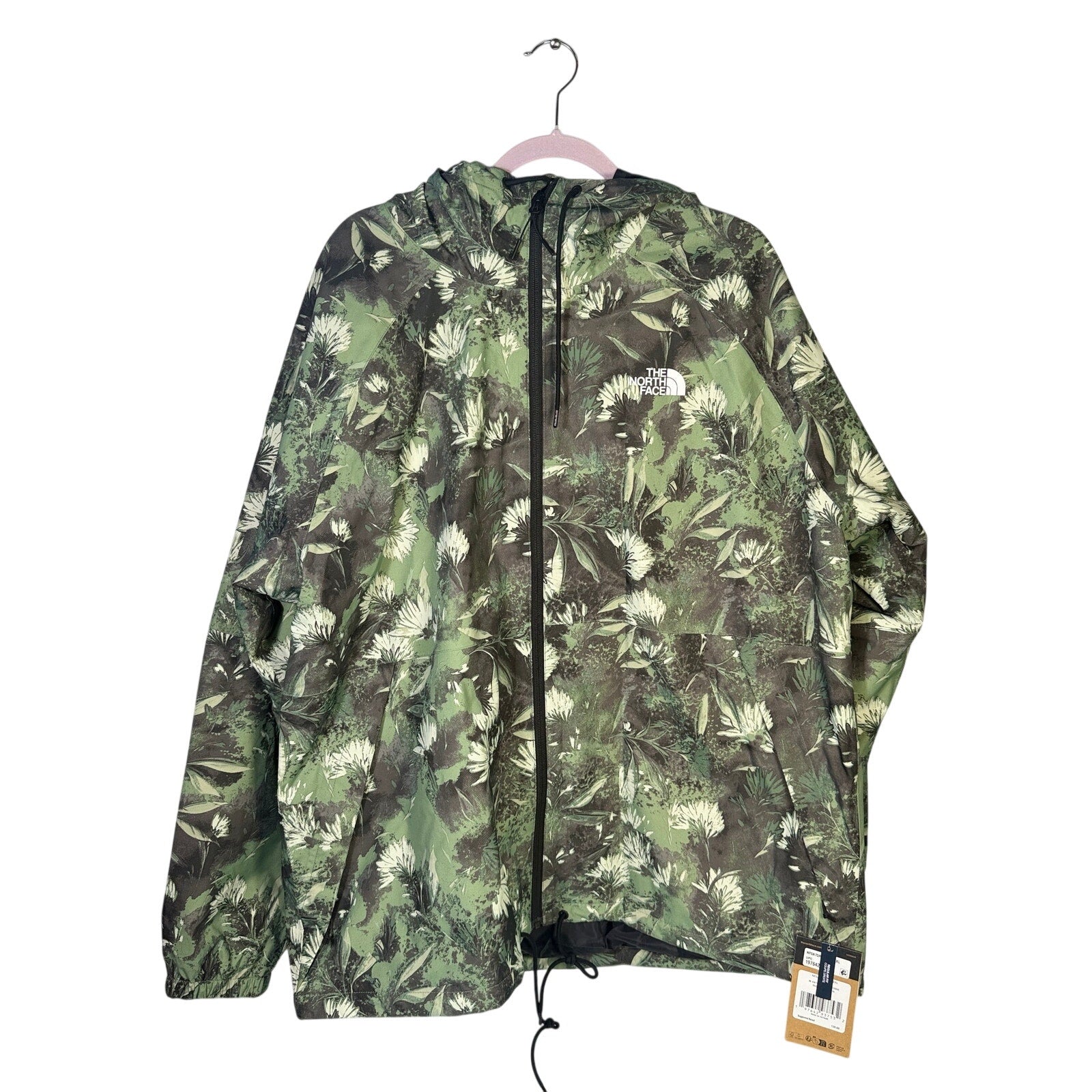 The North Face men's Antora rain hoodie in size XXL, duck green prairie print, waterproof jacket with hood and front pockets.
