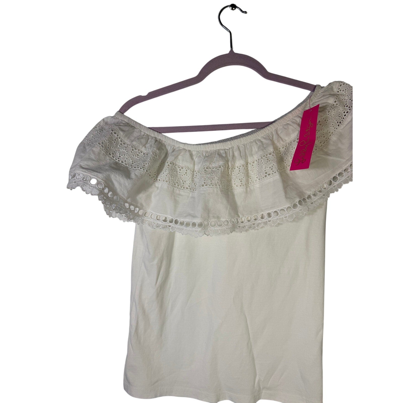 White Lilly Pulitzer Tracee off-shoulder eyelet top for women, small size, with intricate eyelet detailing and ruffled neckline.