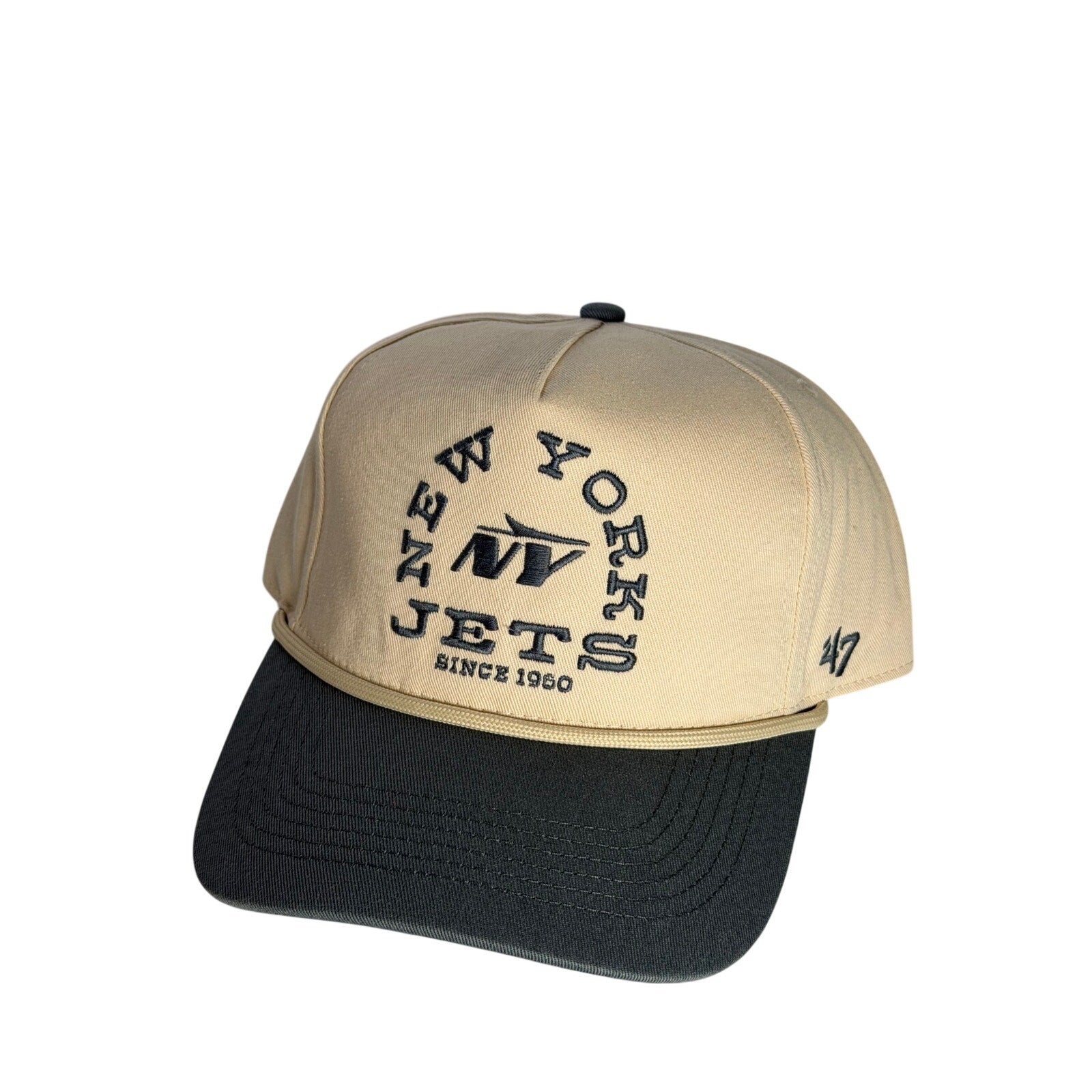 '47 Brand New York Jets adjustable snapback hat in cream and gray NFL cap with OSFM fit, front logo embroidery, and flat brim.