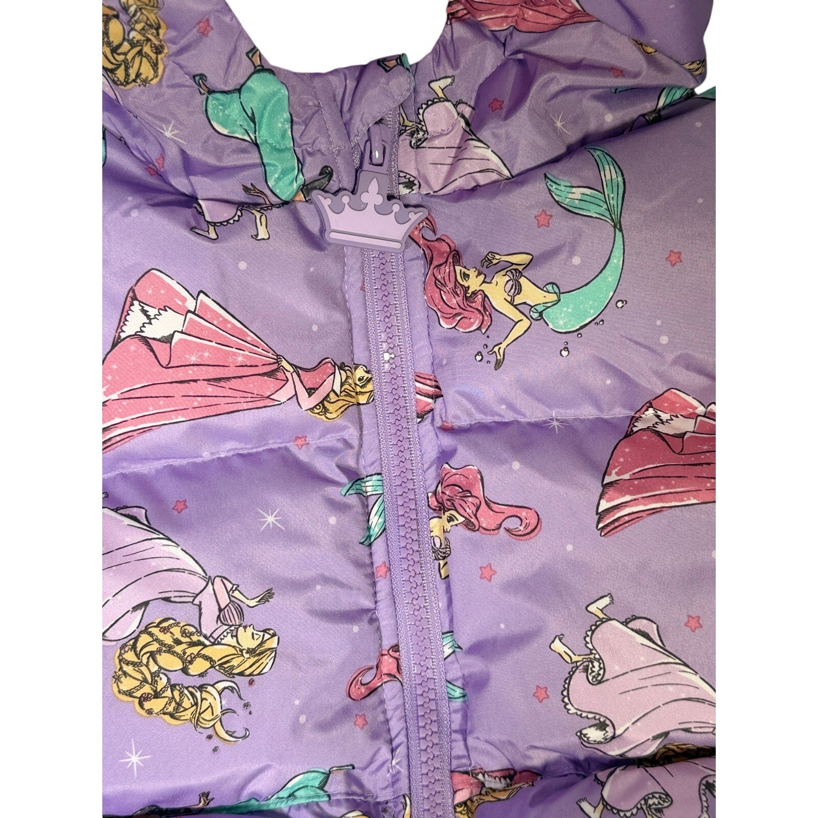 Disney Princess girls' purple hooded puffer jacket in size 5T, featuring a cozy winter design with the Disney Princess logo.