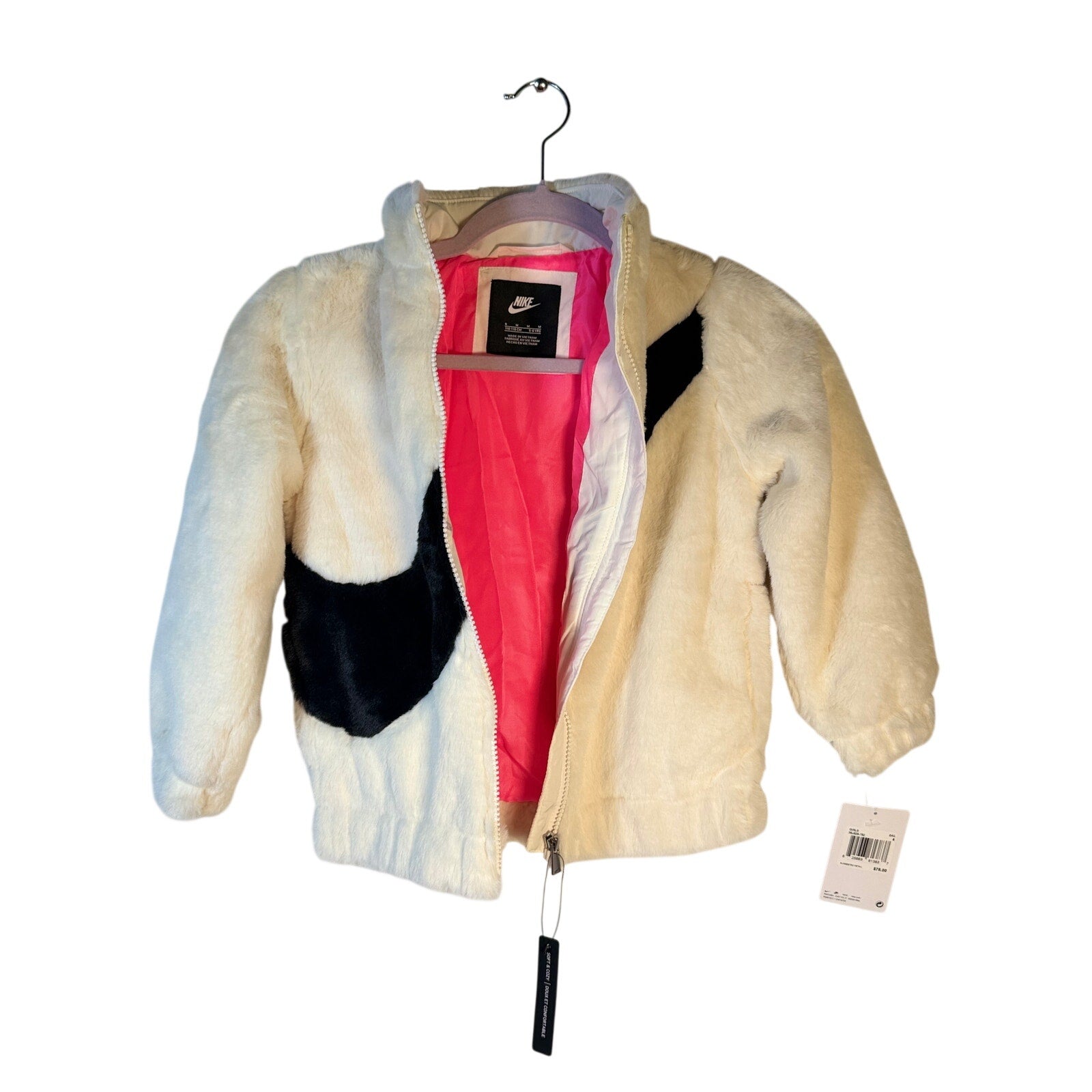 Nike girls' faux fur Swoosh jacket in sail white, size 6, full zip, showcasing soft fur trim and sporty design.